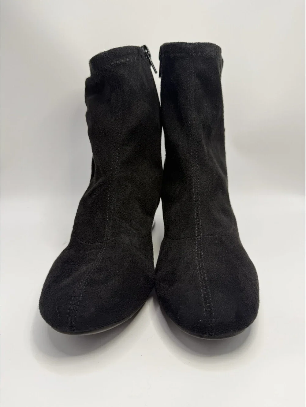 Bar III Lacy Women Black Soft Suede Ankle Bootie Clear Lucite Block Heel Sz 7.5